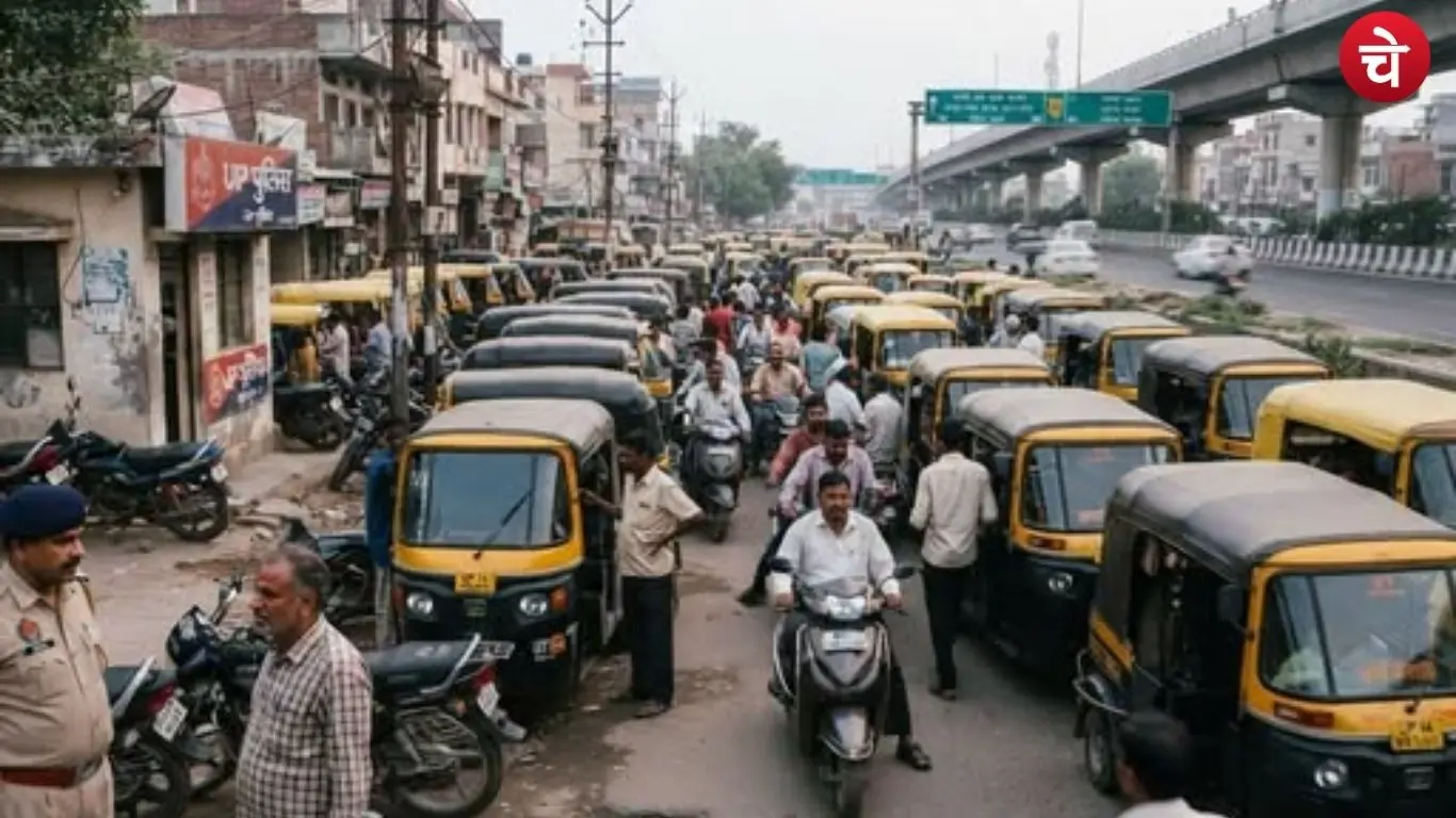 Illegal auto-rickshaw parking on the NH-24 service lane causes a traffic jam; commuters face inconvenience